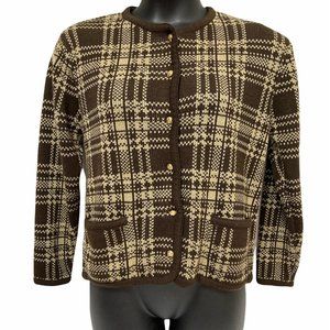 Vintage Liz Baker Librarian Brown Tan Plaid Cardigan Gold Buttons Size Small